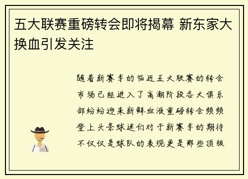 五大联赛重磅转会即将揭幕 新东家大换血引发关注