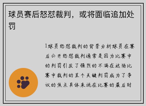球员赛后怒怼裁判，或将面临追加处罚